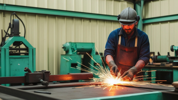 man at a workbench cutting metal with heavy power tools
